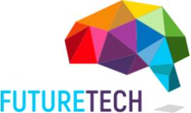 Different colour triangles making the shape of a brain. FutureTech written below in blue and purple text.